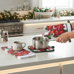 Christmas Poinsettia NEW Kitchen Linens Mitt Towel Pot Holders 5 Piece Bundle